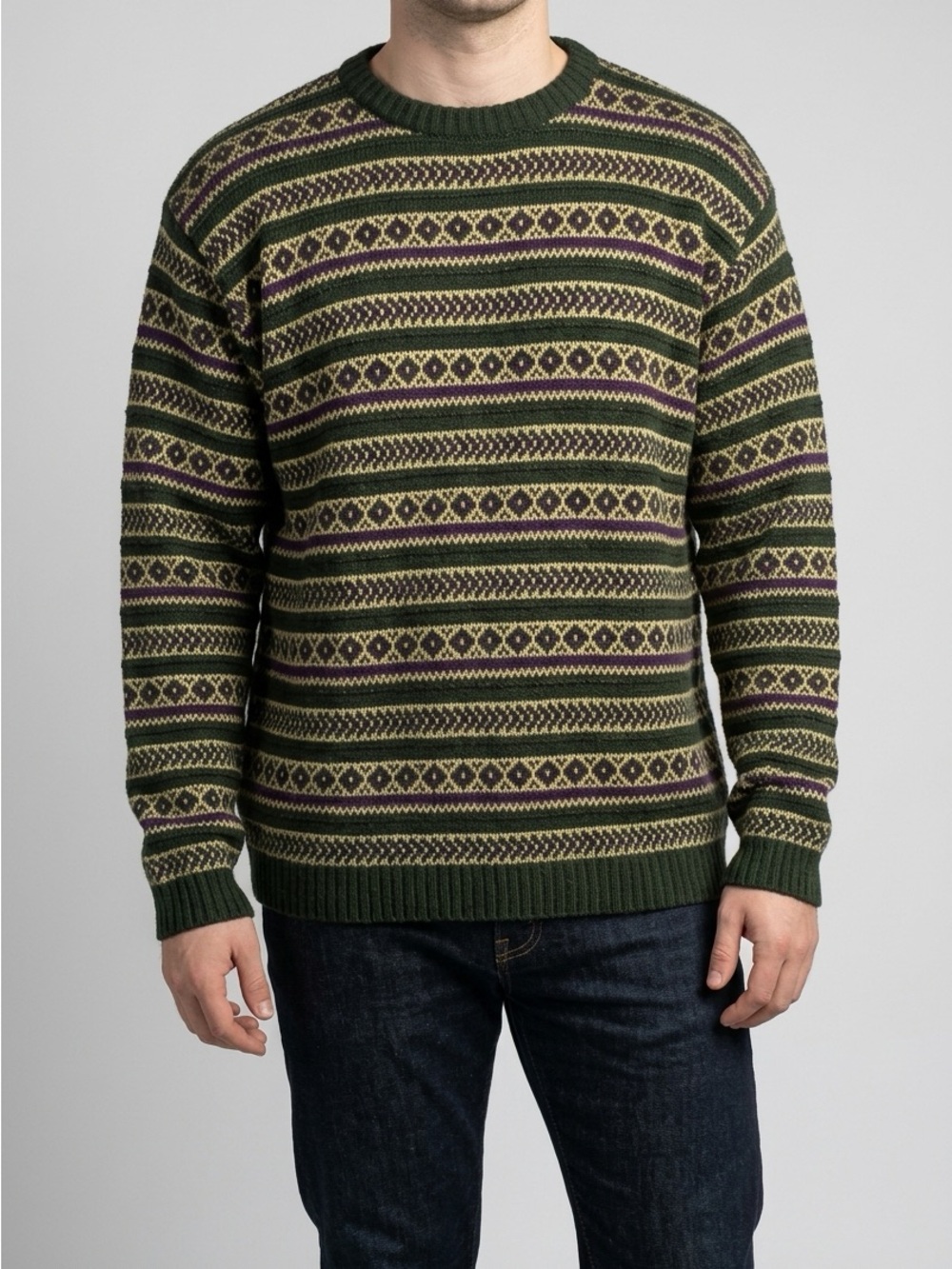 Vintage Men's Olive Green Patterned Crewneck Sweater by Outline Made in Korea